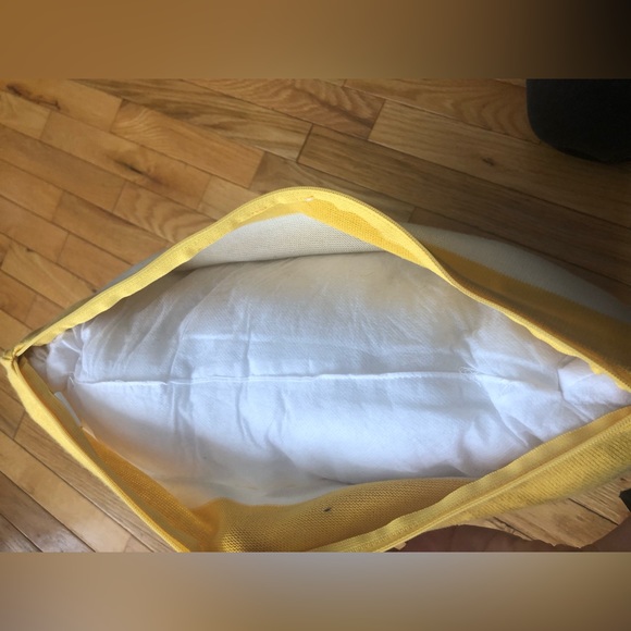 Knitted striped decorative throw pillow. Yellow, navy & cream. - Picture 8 of 8